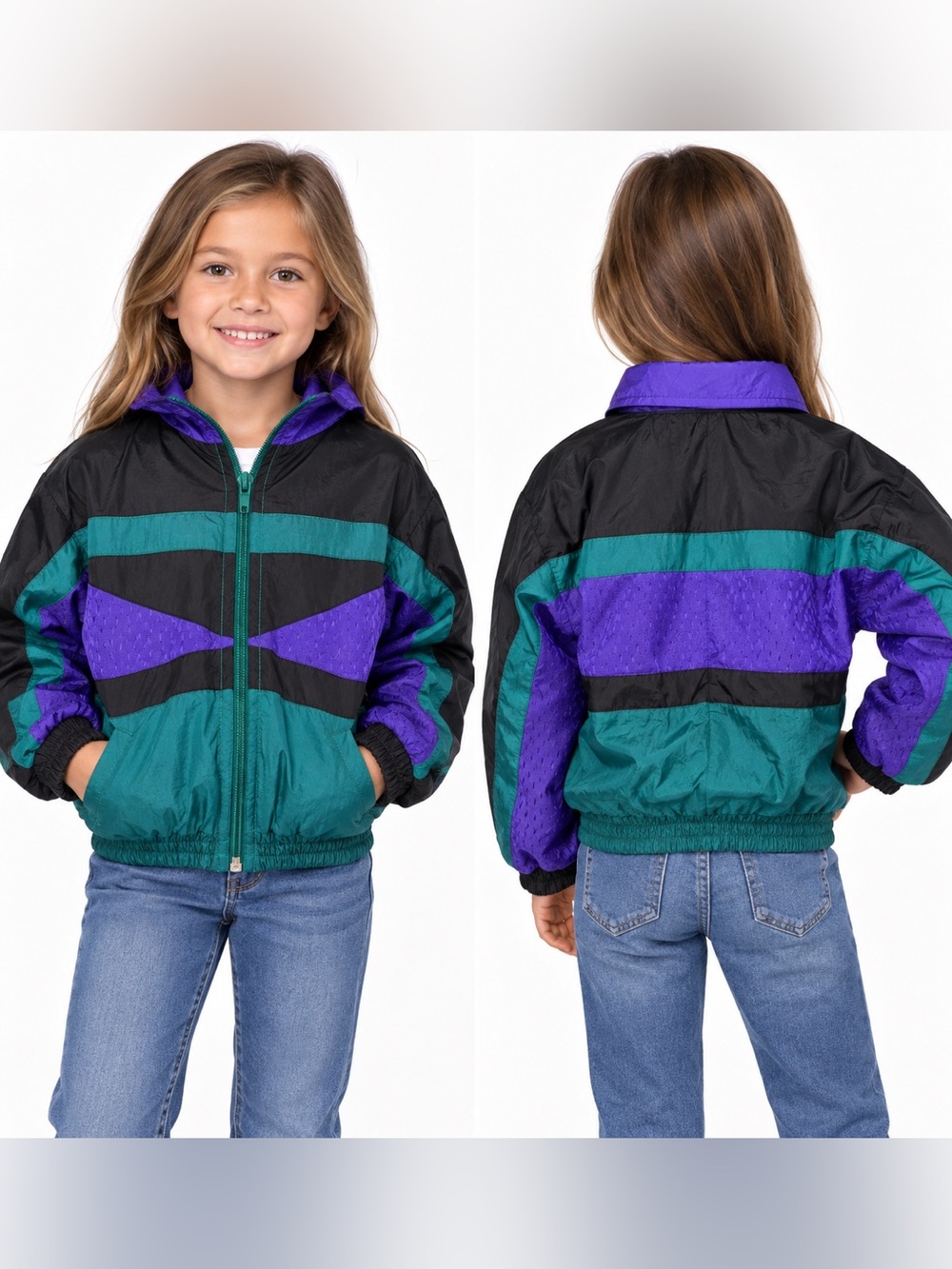 Vintage Cougar Sport Kids Sz 5 Windbreaker Teal Purple Black 90s Colorblock